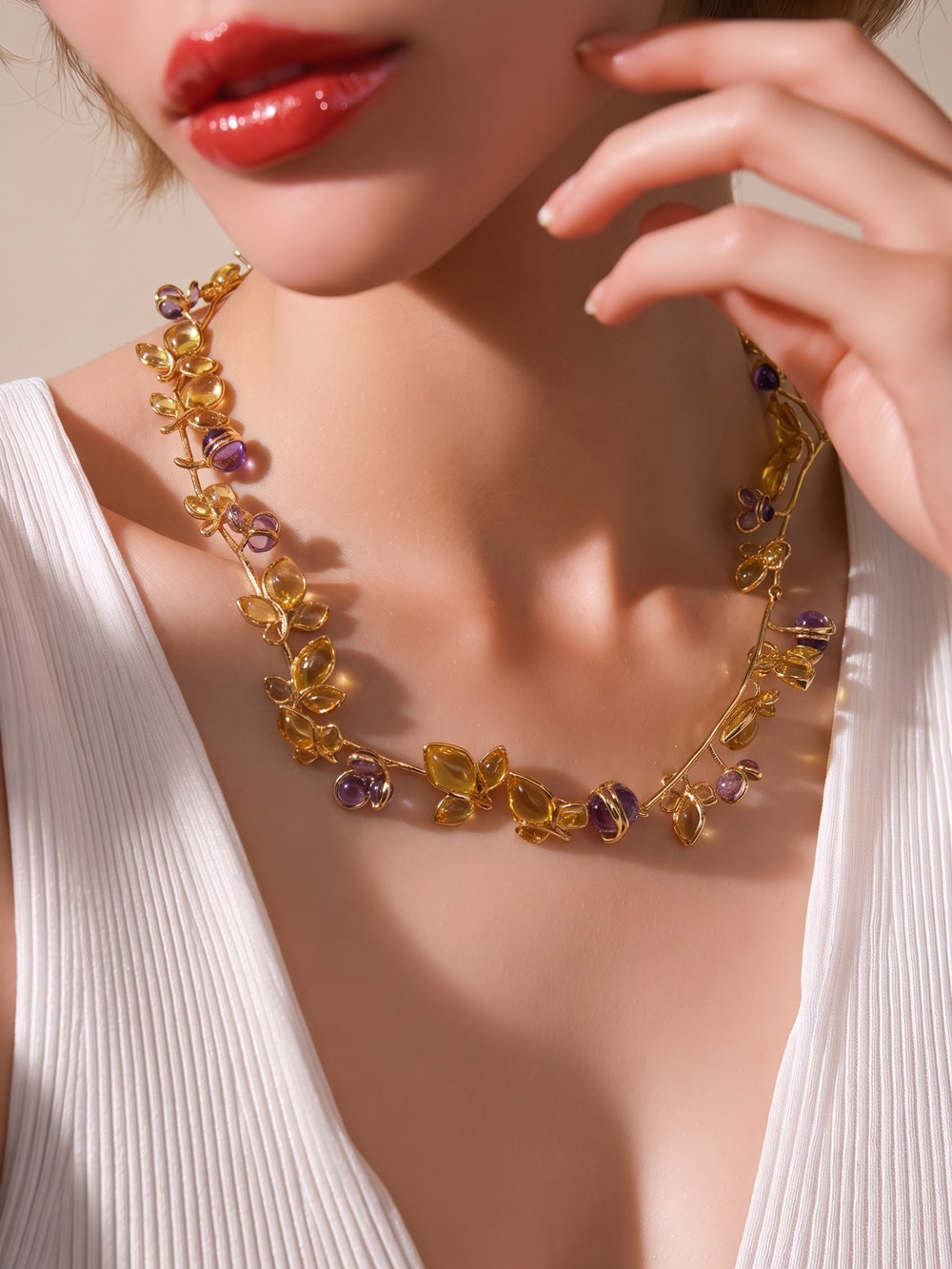 Catwalk Jon 18k Plating Gold Leaf floral with Purple and citrine Accents